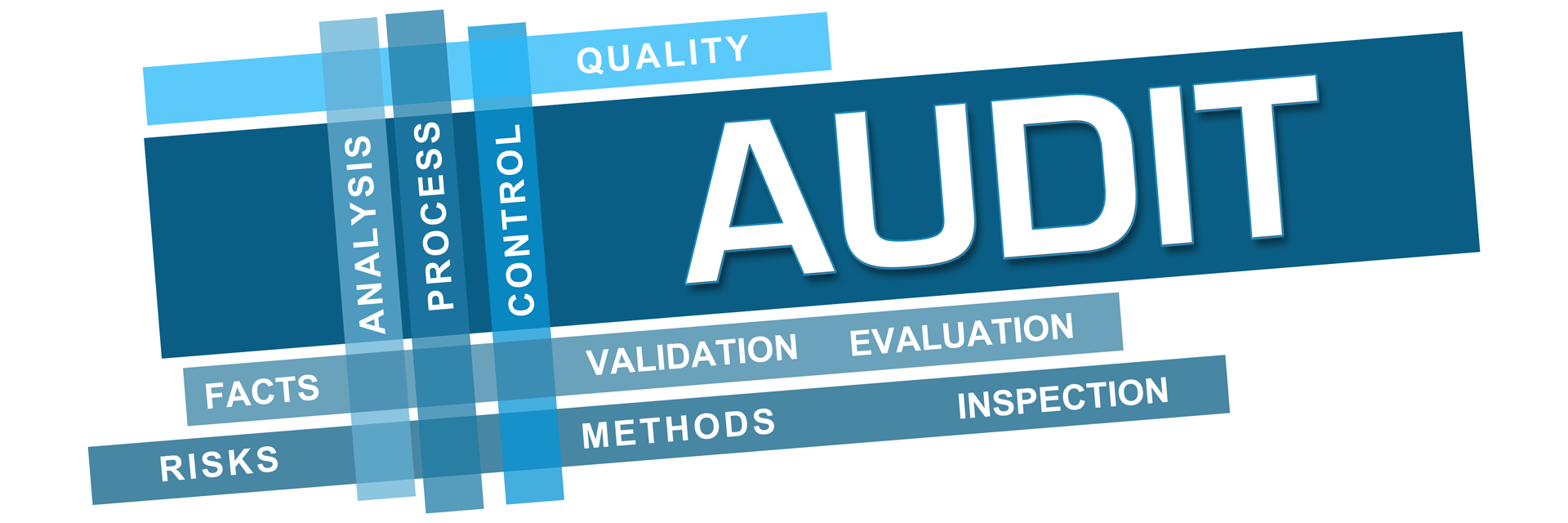 Grafisches Headerbild zum Thema Lean Audit mit Schlagwörtern wie Validation, Evaluation, Analysis und Control.