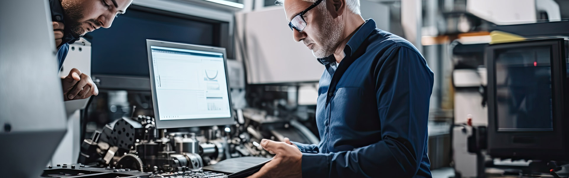 Zwei Mitarbeiter in der Fertigung analysieren aufmerksam die Daten am Monitor einer Bearbeitungsmaschine. Symbolbild eines praxisnahen Workshops zur Rüstzeitoptimierung.