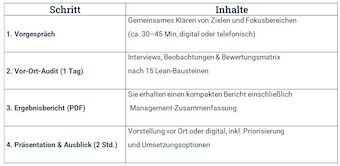 Tabellarische Darstellung des Ablaufs eines Lean-Audits – bestehend aus vier Schritten: Vorgespräch, Vor-Ort-Audit, Ergebnisbericht und Präsentation